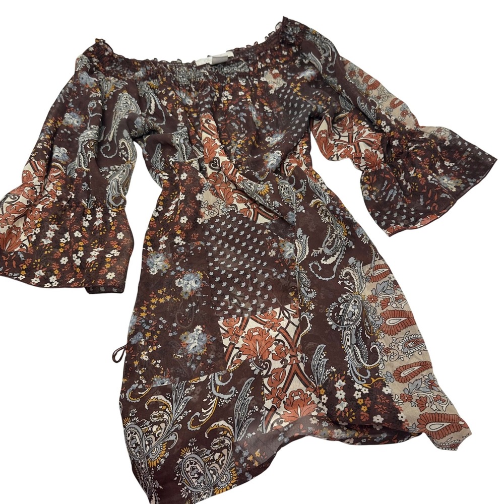 Charlotte Russe Brown Paisley Floral Off Shoulder Boho Blouse Small